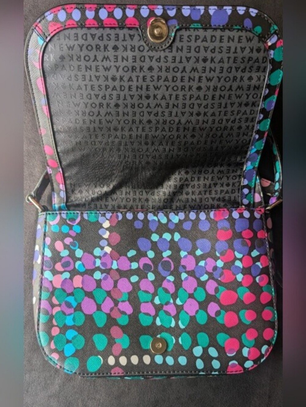 Kate Spade Laurel Way Dotty Plaid  Black Crossbody with Pink and Teal Dot Print